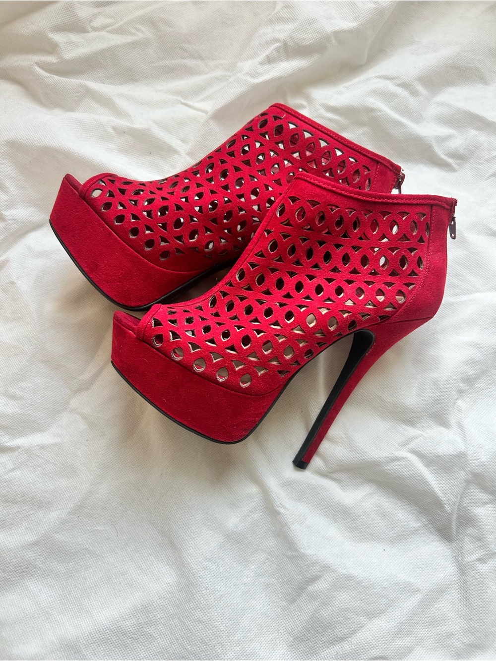 Wild Diva Red Laser-Cut Platform Peep-Toe Ankle Booties